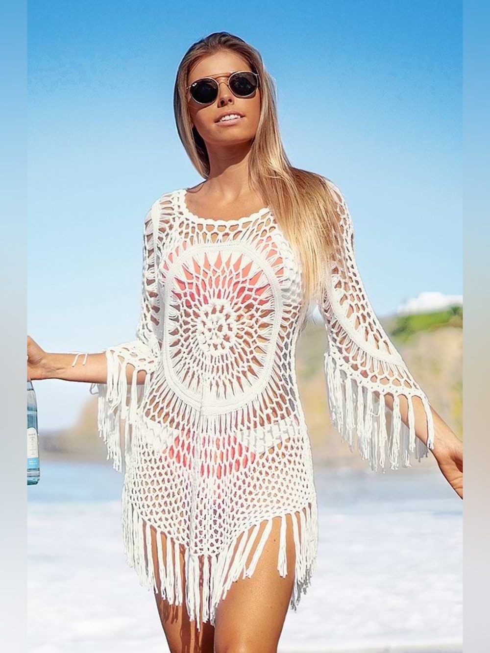 Boho White Crochet Fringe Swim Cover-Up Tunic